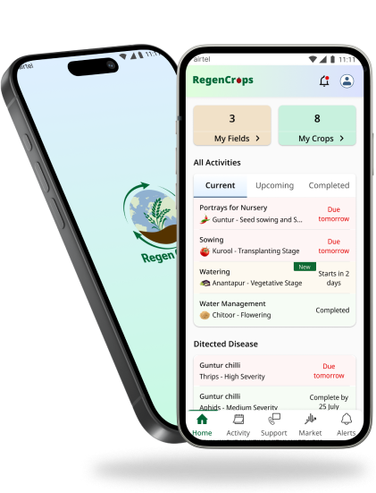 AI Farming App interface by RegenCrops displayed on two smartphones, showcasing crop monitoring and disease detection features for sustainable farming.