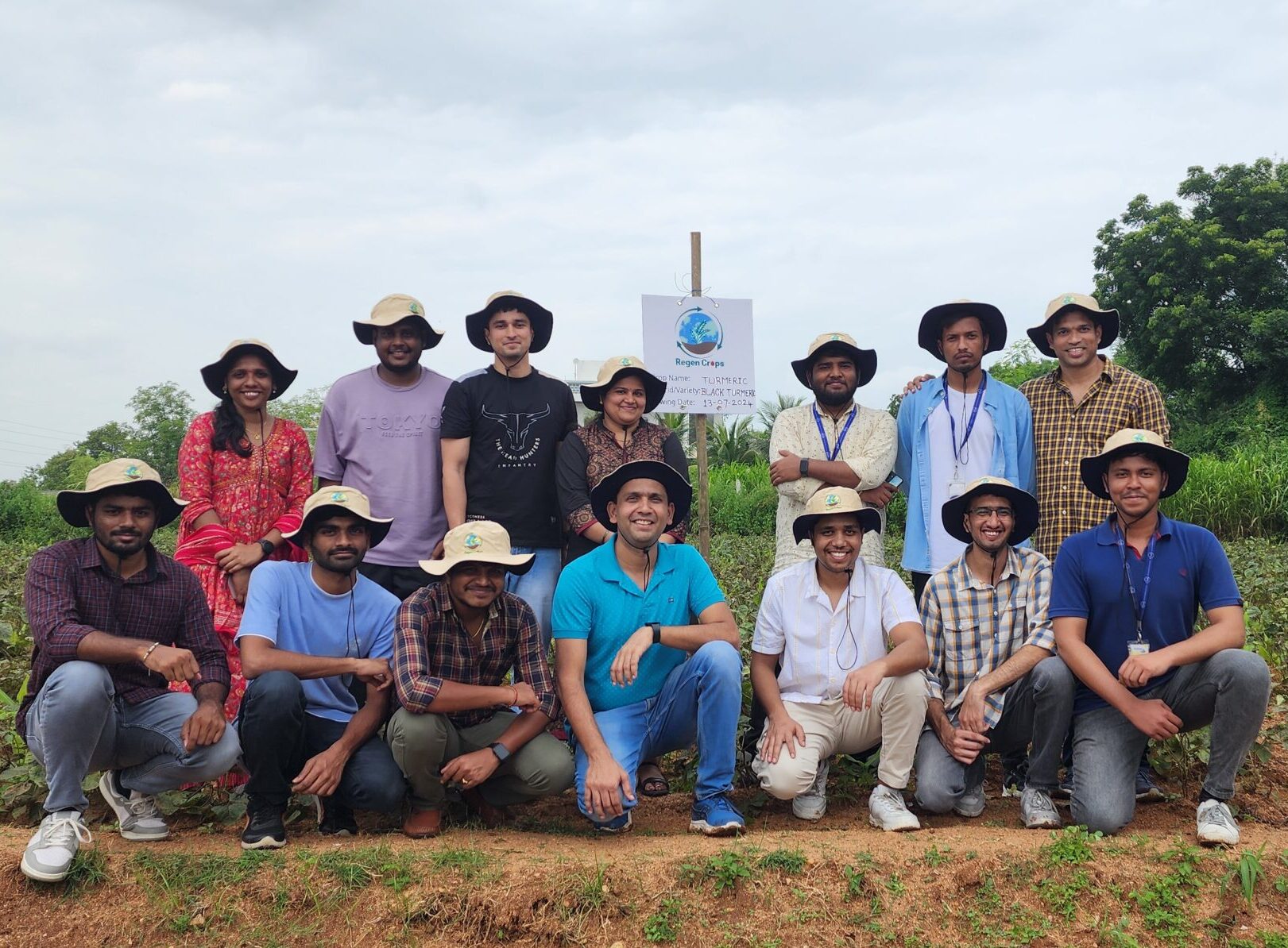 A triptych of photos showing the Tech leadership team and employees standing in a field, wearing hats, all working for the AI farming app for sustainable agricultural practices.