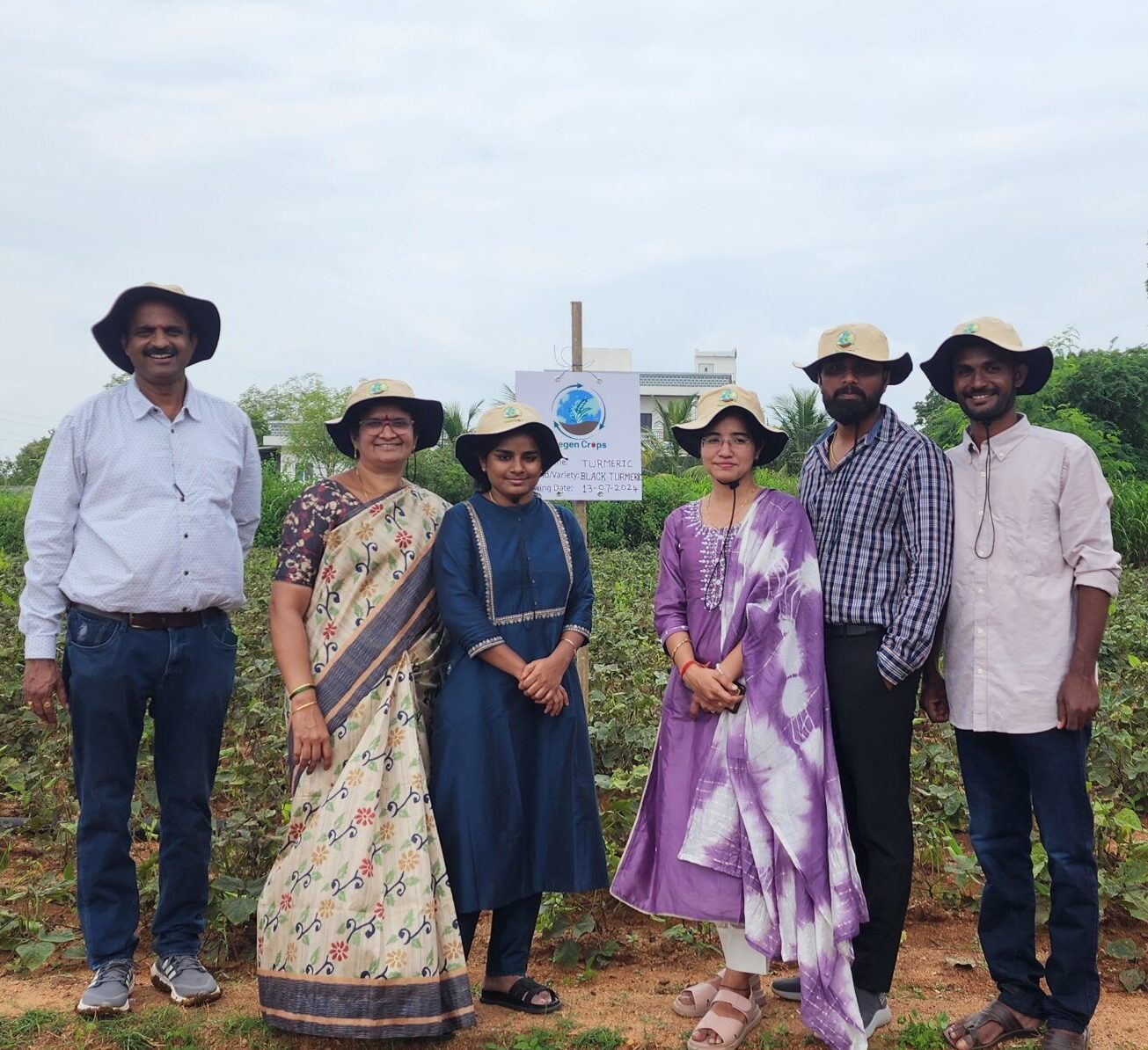 A triptych of photos showing the agronomy leadership team and employees standing in a field, wearing hats, for the AI farming app for sustainable agricultural practices.