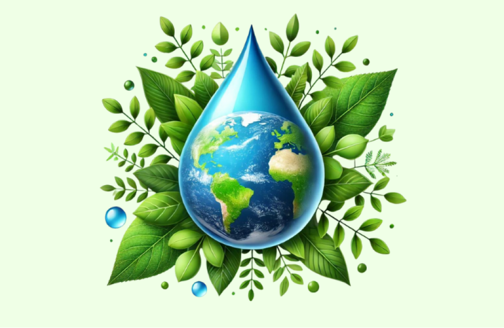 Illustration of Earth in a water droplet surrounded by green leaves, symbolizing biodiversity restoration through regenerative agriculture for future sustainability.