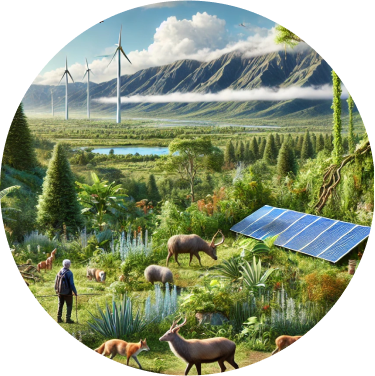 "Scenic farm with mountains, showcasing regenerative agriculture benefits like reduced GHG emissions and rainwater harvesting for cleaner air.