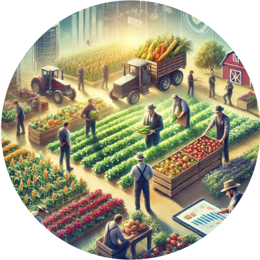 A circular illustration of farmers working together in a vibrant field, showcasing collaboration with partner companies, facilitated by the AI farming app to support sustainable farming networks.