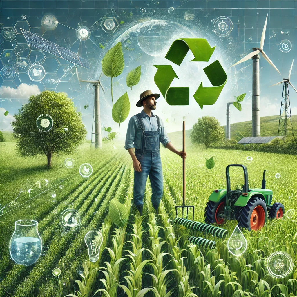 A vibrant illustration of a farmer standing in a lush field with a tractor, surrounded by eco-friendly elements like wind turbines, recycling symbols, and technology overlays, all supported by the AI farming app for sustainable agriculture.