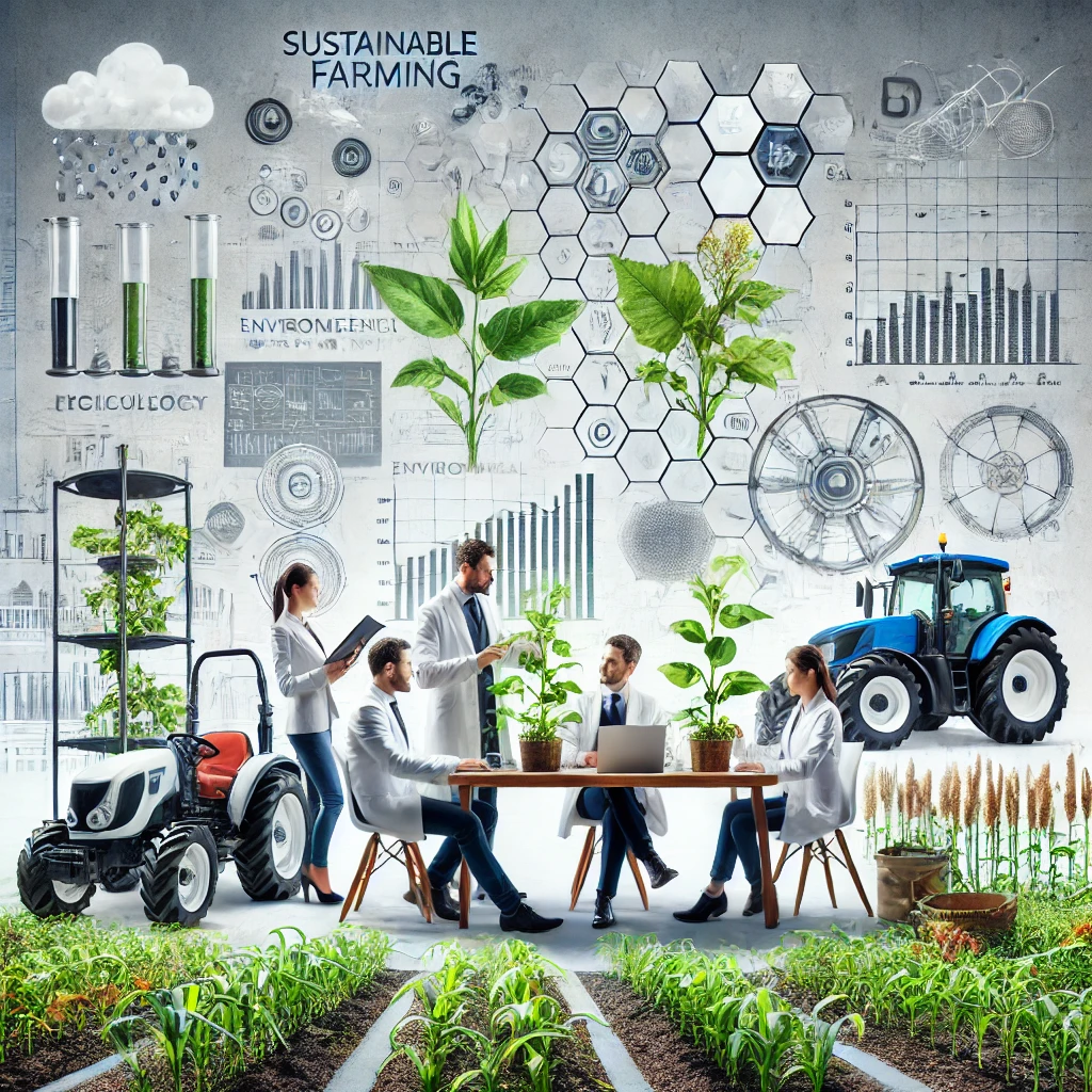 A vibrant illustration of a sustainable farming scene with researchers, farmers, and technology like tractors and data charts, highlighting the role of the AI farming app in advancing eco-friendly agriculture.