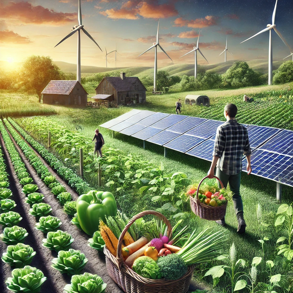 a man carrying baskets of vegetables and a field of green plants