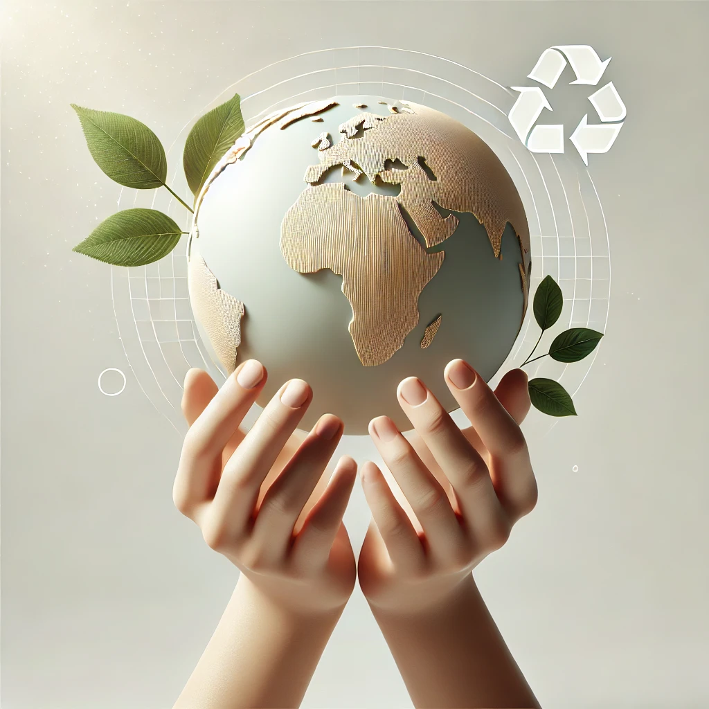 An image of hands holding a globe adorned with green leaves and a recycling symbol, representing sustainability, paired with text on empowering farmers and connecting with partner companies, all supported by the AI farming app.