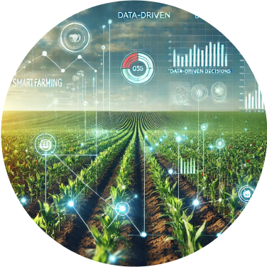 A circular graphic showcasing a lush green farm field with digital overlays of charts and data, representing the AI farming app's role in enabling data-driven decisions for sustainable agriculture.