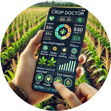 A circular image of a hand holding a smartphone displaying the AI farming app’s Crop Doctor interface with charts and data, diagnosing crops in a lush field for enhanced agricultural health.