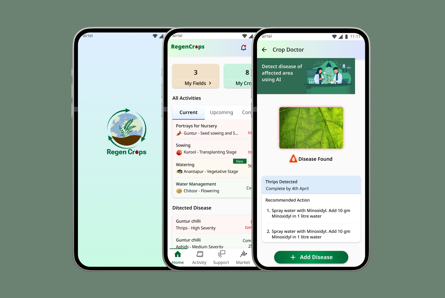 Screenshots of the RegenCrops AI-driven app on smartphones, promoting sustainable farming with real-time solutions for smarter farm decisions.