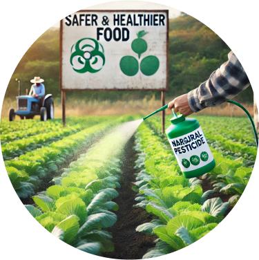 Farm with green fields and logo, promoting RegenCrops’ regenerative farming practices for sustainable, non-carcinogenic food production.