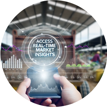 : "A circular image of a hand holding a smartphone displaying the AI farming app’s real-time market insights interface with data charts, set against a farm market background.