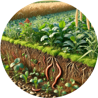 A circular image of a farm field with visible soil layers, plants, and roots, illustrating regenerative farming practices supported by the AI farming app for sustainable agriculture.