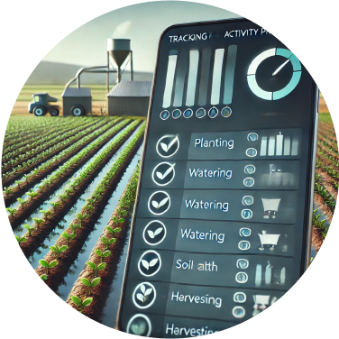 A circular image of a farm field with crops, overlaid with a digital progress tracking interface showing metrics, powered by the AI farming app to enhance agricultural productivity and sustainability.