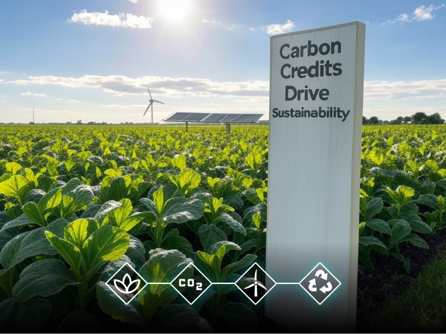 Lush farm with a Carbon Credits Drive sign, showing RegenCrops’ support for regenerative agriculture farmers to offset carbon emissions.