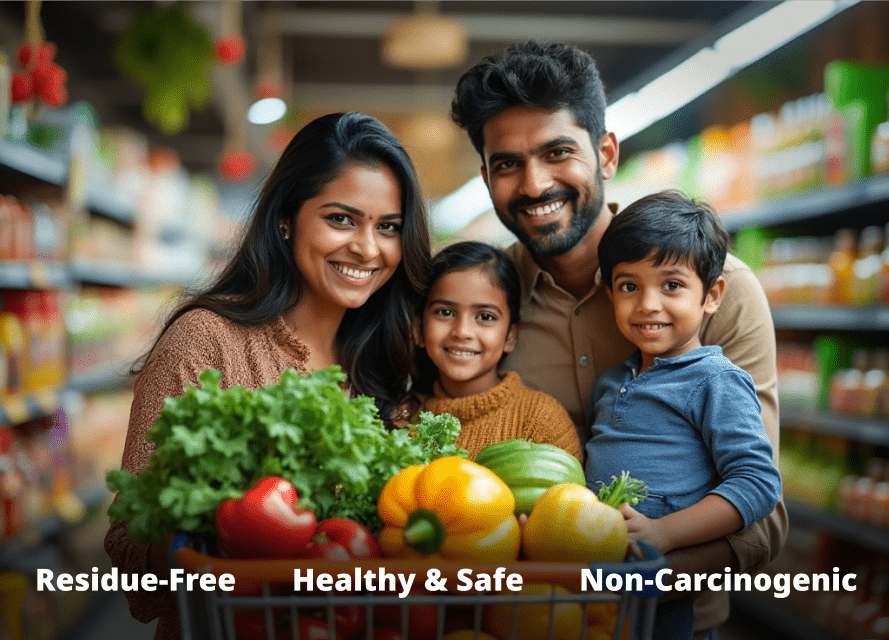 Family shopping with a cart of colorful vegetables, showcasing RegenCrops’ non-carcinogenic, residue-free produce from regenerative agriculture.