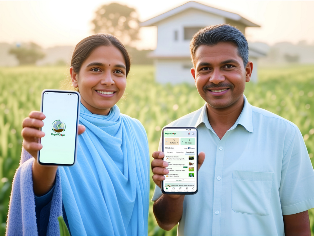 Farmers holding smartphones with RegenCrops app, promoting training and certifications in regenerative agriculture for sustainable farming.