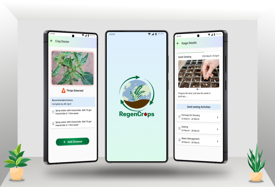 A display of three smartphones showcasing the AI farming app by RegenCrops, featuring the Crop Doctor for disease detection, the main app interface with the RegenCrops logo, and Stage Details for sowing activities, enhancing sustainable farming practices.