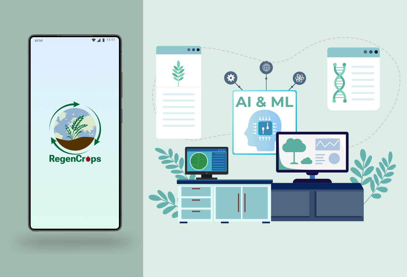 An illustration featuring a smartphone displaying the RegenCrops logo and the AI farming app interface, alongside a desk with monitors showing AI & ML, DNA analysis, and data charts, symbolizing advanced agricultural technology.