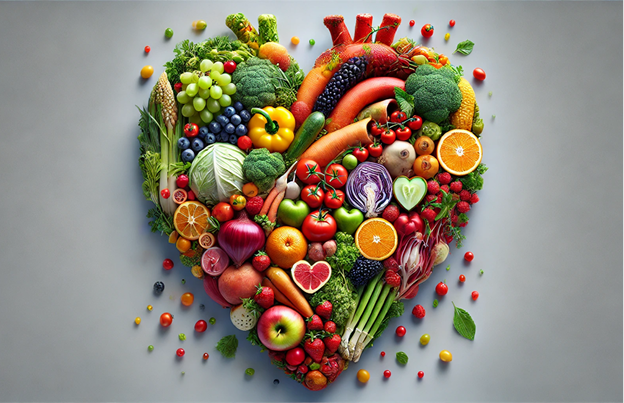 Heart-shaped arrangement of colorful vegetables and fruits, highlighting nutrient-rich, non-carcinogenic, and residue-free food from regenerative agriculture.
